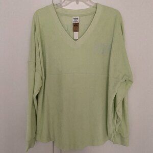 VS PINK •Lime Green Soft Terry Cloth Campus V-Neck Tee Sz M